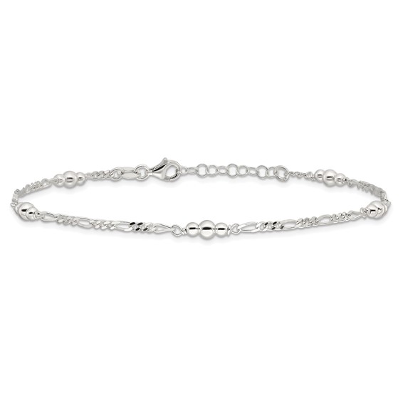 Sterling Silver Beaded Figaro 5-Station 9 inch Plus 1 inch Extender - Total 10 inch Anklet