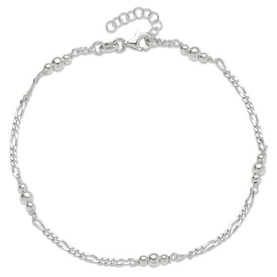 Sterling Silver Beaded Figaro 5-Station 9 inch Plus 1 inch Extender - Total 10 inch Anklet