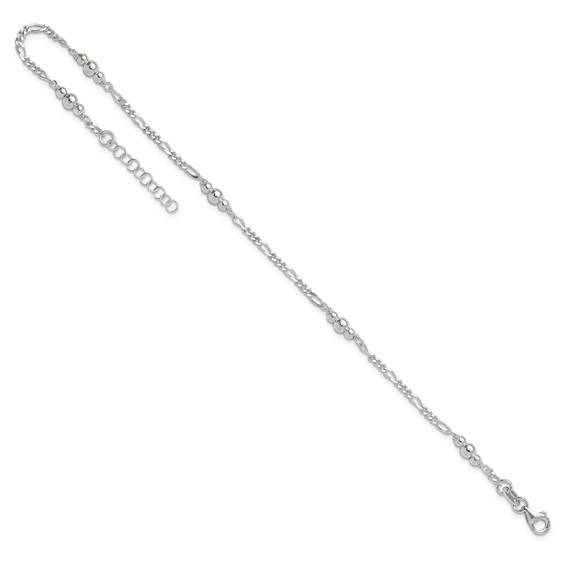 Sterling Silver Beaded Figaro 5-Station 9 inch Plus 1 inch Extender - Total 10 inch Anklet