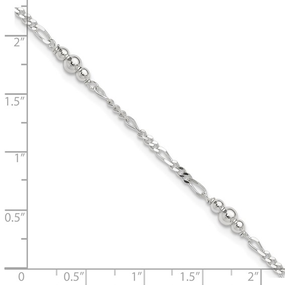 Sterling Silver Beaded Figaro 5-Station 9 inch Plus 1 inch Extender - Total 10 inch Anklet