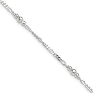 Sterling Silver Beaded Figaro 5-Station 9 inch Plus 1 inch Extender - Total 10 inch Anklet