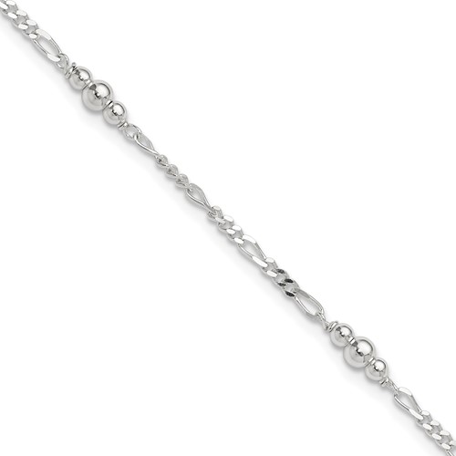 Sterling Silver Beaded Figaro 5-Station Plus 1 Inch Extender - Total 10 Inch Anklet, 9"