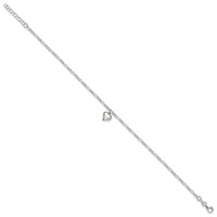 Sterling Silver Figaro Chain Anklet with Heart Charm Plus 1 Inch Extender - Total 10 Inch, 9" view 2
