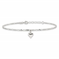 Sterling Silver Figaro Chain Anklet with Heart Charm Plus 1 Inch Extender - Total 10 Inch, 9" view 4