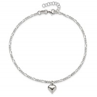 Sterling Silver Figaro Chain Anklet with Heart Charm Plus 1 Inch Extender - Total 10 Inch, 9" view 5