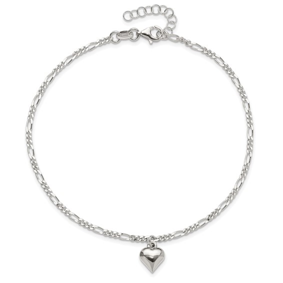 Sterling Silver Figaro Chain with Heart Charm 9 inch Plus 1 inch Extender - Total 10 inch Anklet