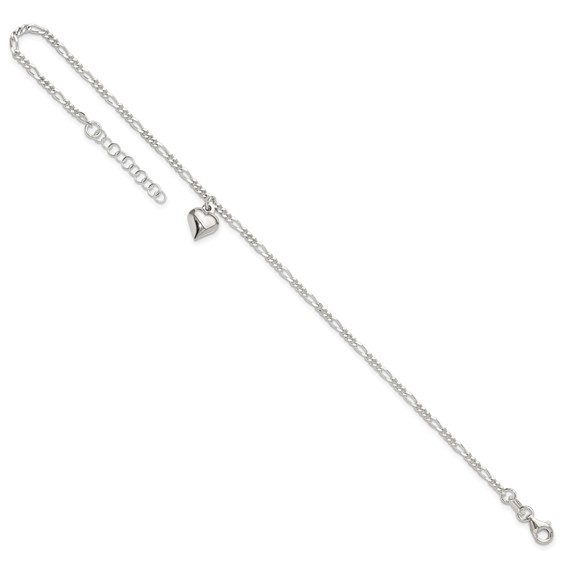 Sterling Silver Figaro Chain with Heart Charm 9 inch Plus 1 inch Extender - Total 10 inch Anklet