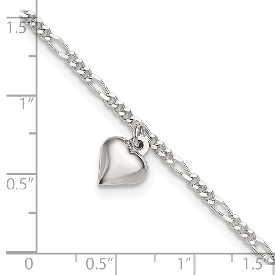 Sterling Silver Figaro Chain with Heart Charm 9 inch Plus 1 inch Extender - Total 10 inch Anklet
