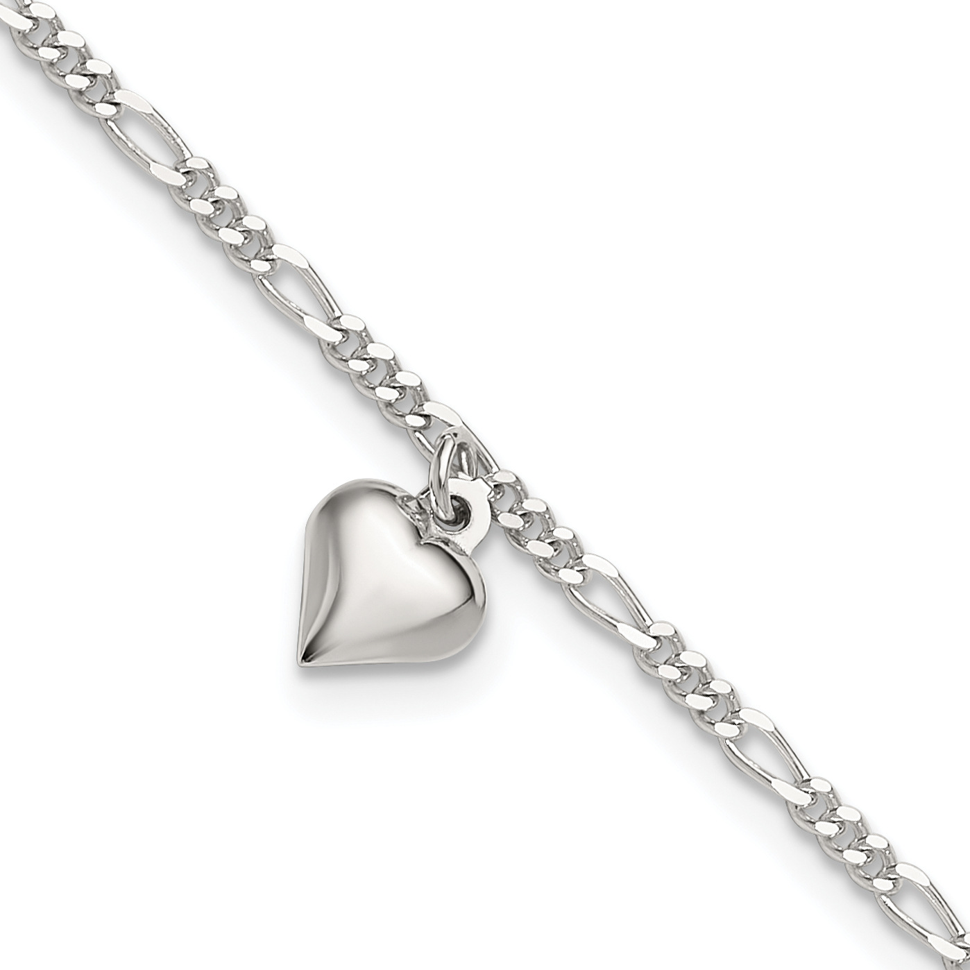 Sterling Silver Polished Heart 9 in Plus 1in ext. Anklet (QG3146-9)