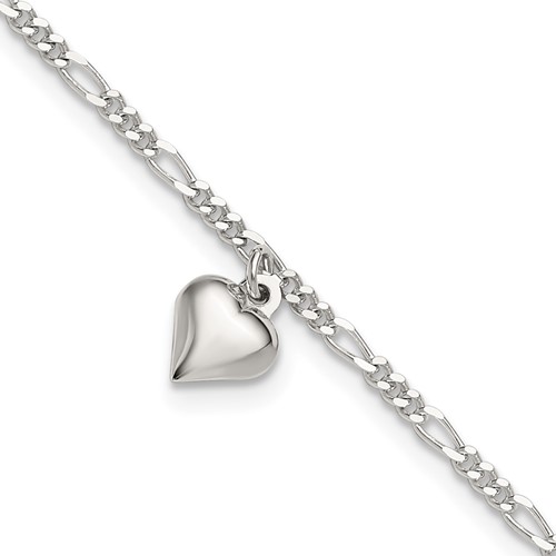Sterling Silver Figaro Chain Anklet with Heart Charm Plus 1 Inch Extender - Total 10 Inch, 9"