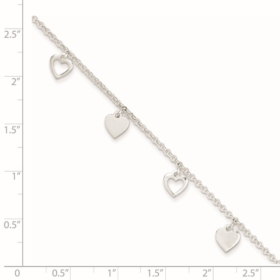 Sterling Silver Heart Charms 9 inch Plus 1 inch Extender - Total 10 inch Anklet