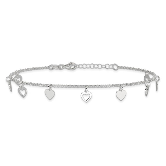 Sterling Silver Heart Charms 9 inch Plus 1 inch Extender - Total 10 inch Anklet