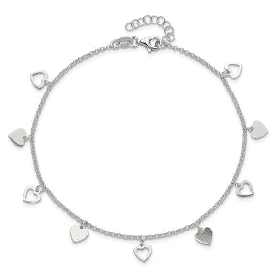 Sterling Silver Heart Charms 9 inch Plus 1 inch Extender - Total 10 inch Anklet
