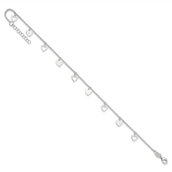 Sterling Silver Heart Charms 9 inch Plus 1 inch Extender - Total 10 inch Anklet