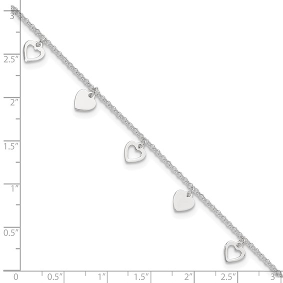 Sterling Silver Heart Charms 9 inch Plus 1 inch Extender - Total 10 inch Anklet