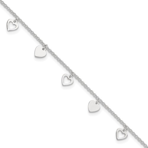 Sterling Silver Heart Charms Plus 1 Inch Extender - Total 10 Inch Anklet, 9"