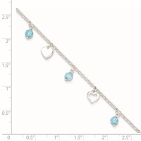 Sterling Silver Blue Glass Beads and Hearts Plus 1 Inch Extender - Total 10 Inch Anklet, 9" view 2
