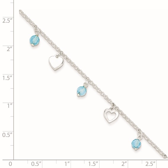 Sterling Silver Blue Glass Beads and Hearts 9 inch Plus 1 inch Extender - Total 10 inch Anklet