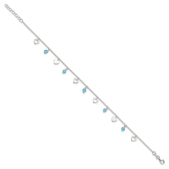 Sterling Silver Blue Glass Beads and Hearts 9 inch Plus 1 inch Extender - Total 10 inch Anklet