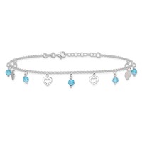 Sterling Silver Blue Glass Beads and Hearts Plus 1 Inch Extender - Total 10 Inch Anklet, 9" view 4