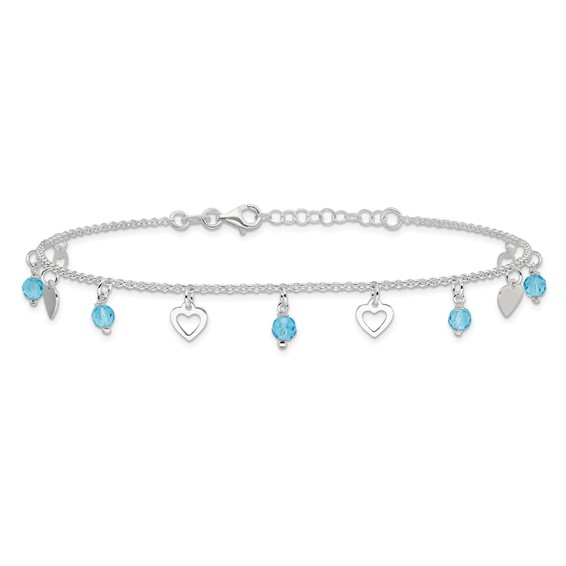 Sterling Silver Blue Glass Beads and Hearts 9 inch Plus 1 inch Extender - Total 10 inch Anklet