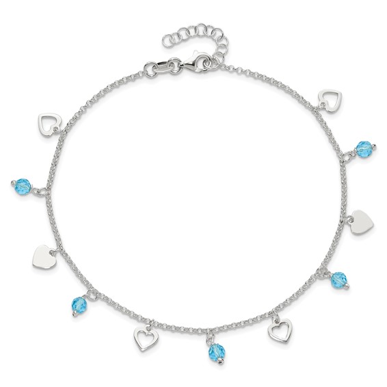 Sterling Silver Blue Glass Beads and Hearts 9 inch Plus 1 inch Extender - Total 10 inch Anklet