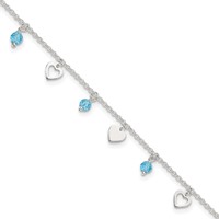 Sterling Silver Blue Glass Beads and Hearts Plus 1 Inch Extender - Total 10 Inch Anklet, 9" view 1