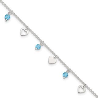 Sterling Silver Blue Glass Beads and Hearts 9 inch Plus 1 inch Extender - Total 10 inch Anklet