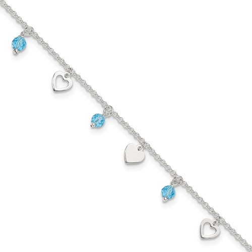 Sterling Silver Blue Glass Beads and Hearts Plus 1 Inch Extender - Total 10 Inch Anklet, 9"