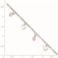 Sterling Silver Pink Glass Beads and Hearts Plus 1 Inch Extender - Total 10 Inch Anklet, 9" view 2