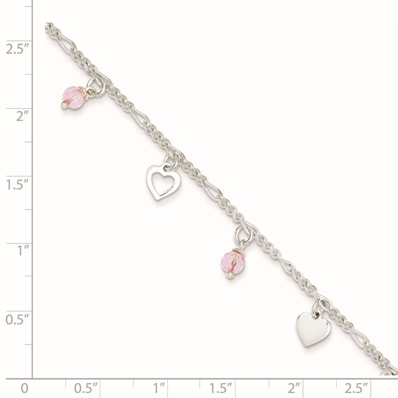 Sterling Silver Pink Glass Beads and Hearts 9 inch Plus 1 inch Extender - Total 10 inch Anklet