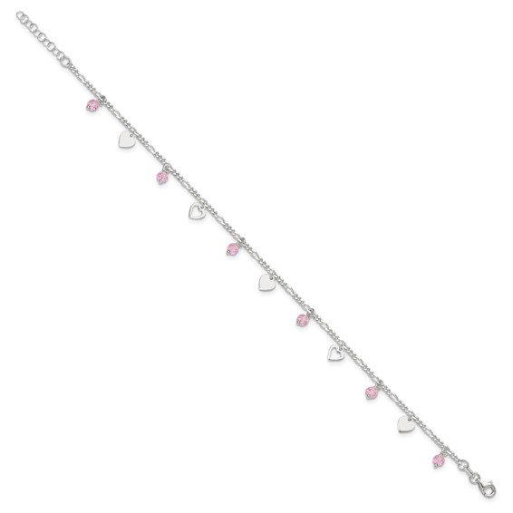 Sterling Silver Pink Glass Beads and Hearts 9 inch Plus 1 inch Extender - Total 10 inch Anklet