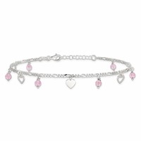 Sterling Silver Pink Glass Beads and Hearts Plus 1 Inch Extender - Total 10 Inch Anklet, 9" view 4