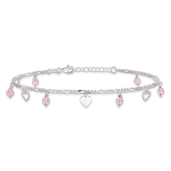 Sterling Silver Pink Glass Beads and Hearts 9 inch Plus 1 inch Extender - Total 10 inch Anklet