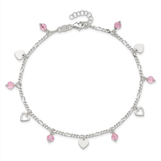 Sterling Silver Pink Glass Beads and Hearts 9 inch Plus 1 inch Extender - Total 10 inch Anklet