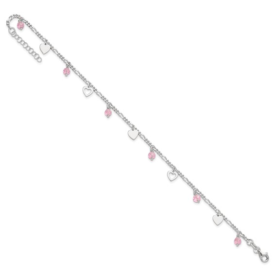 Sterling Silver Pink Glass Beads and Hearts 9 inch Plus 1 inch Extender - Total 10 inch Anklet