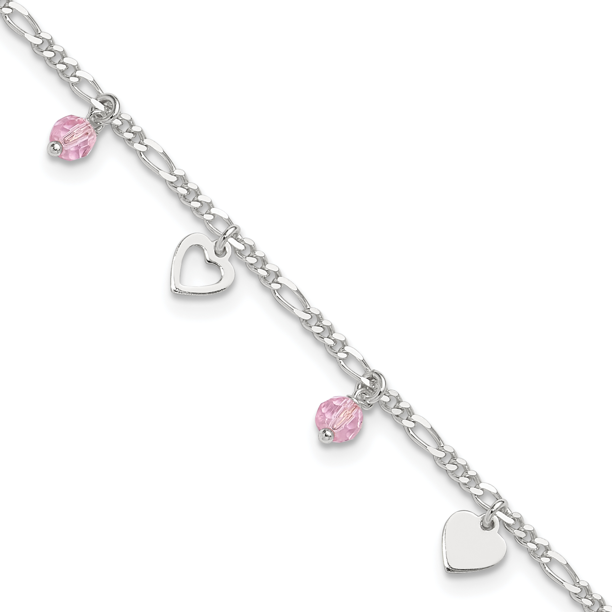 Sterling Silver Pink Glass Beads and Polished Hearts 9 inch Anklet with 1 inch extension (QG3150-9)
