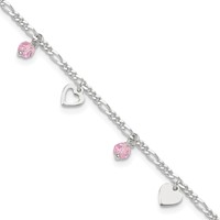 Sterling Silver Pink Glass Beads and Hearts Plus 1 Inch Extender - Total 10 Inch Anklet, 9" view 1