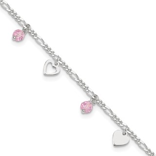 Sterling Silver Pink Glass Beads and Hearts 9 inch Plus 1 inch Extender - Total 10 inch Anklet