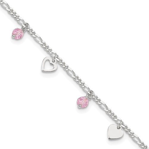 Sterling Silver Pink Glass Beads and Hearts Plus 1 Inch Extender - Total 10 Inch Anklet, 9"