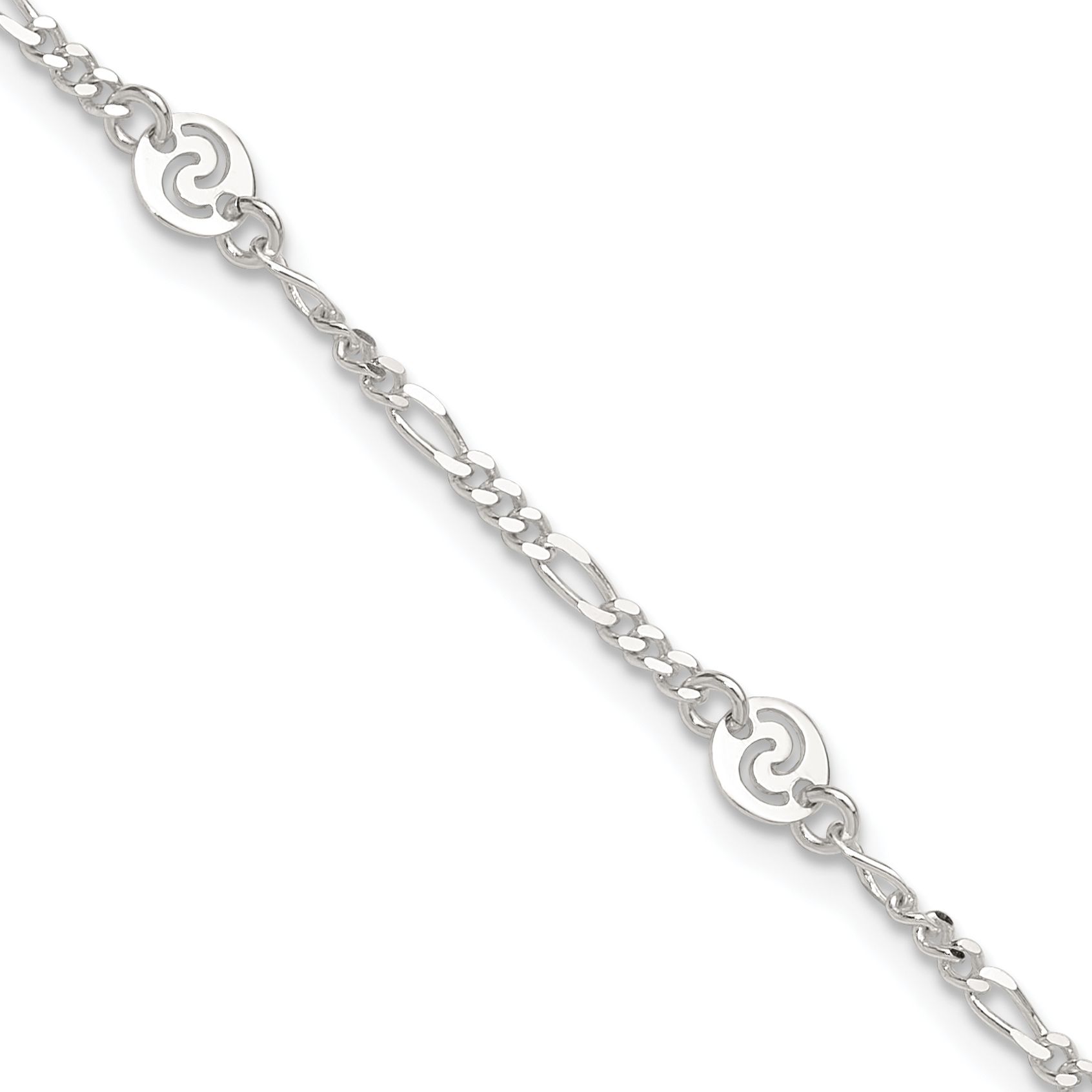 Sterling Silver Polished Swirl Disc 9in Plus 1in ext. Anklet (QG3152-9)