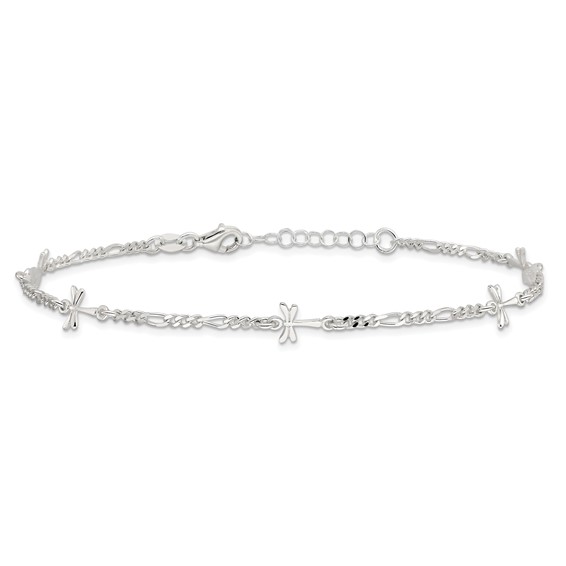 Sterling Silver Dragonflies 8 inch Plus 1 inch Extender - Total 9 inch Anklet