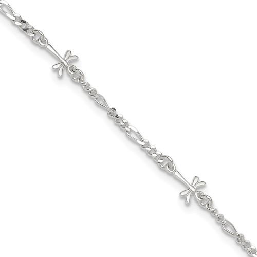 Sterling Silver Dragonflies Plus 1 Inch Extender - Total 9 Inch Anklet, 8"