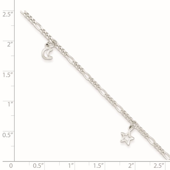 Sterling Silver Star and Moon 9 inch Plus 1 inch Extender - Total 10 inch Anklet