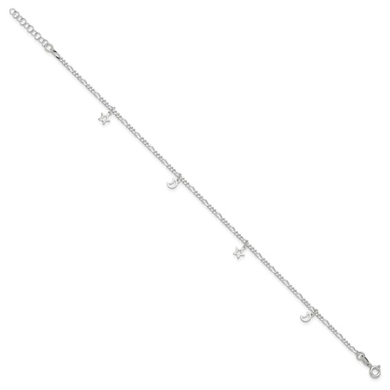 Sterling Silver Star and Moon 9 inch Plus 1 inch Extender - Total 10 inch Anklet