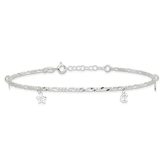 Sterling Silver Star and Moon 9 inch Plus 1 inch Extender - Total 10 inch Anklet
