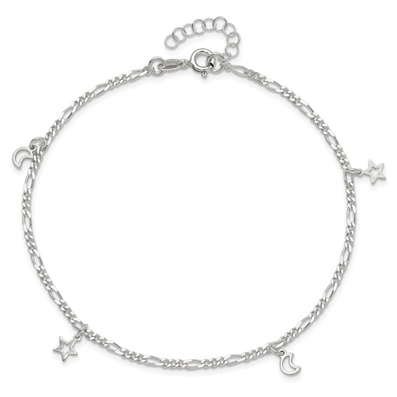 Sterling Silver Star and Moon 9 inch Plus 1 inch Extender - Total 10 inch Anklet