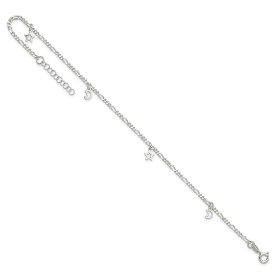 Sterling Silver Star and Moon 9 inch Plus 1 inch Extender - Total 10 inch Anklet