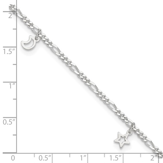Sterling Silver Star and Moon 9 inch Plus 1 inch Extender - Total 10 inch Anklet