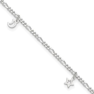 Sterling Silver Star and Moon 9 inch Plus 1 inch Extender - Total 10 inch Anklet